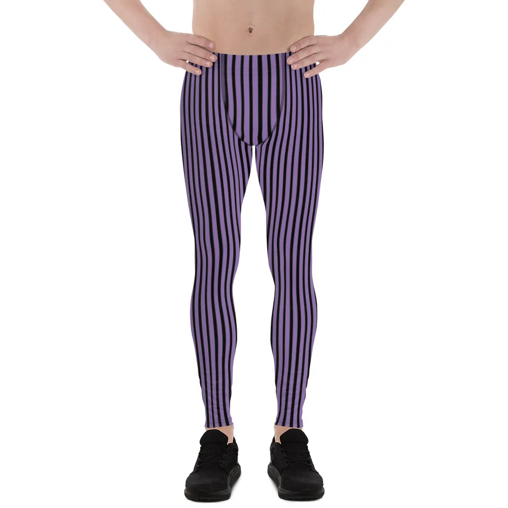 Purple Striped Men's Leggings, Vertically Stripes Circus Meggings Running Tights-Made in USA/EU