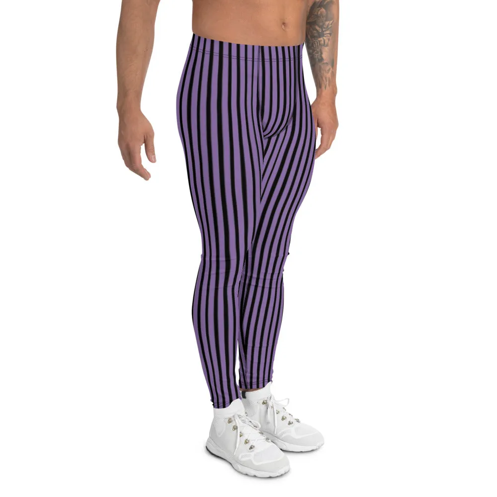 Purple Striped Men's Leggings, Vertically Stripes Circus Meggings Running Tights-Made in USA/EU