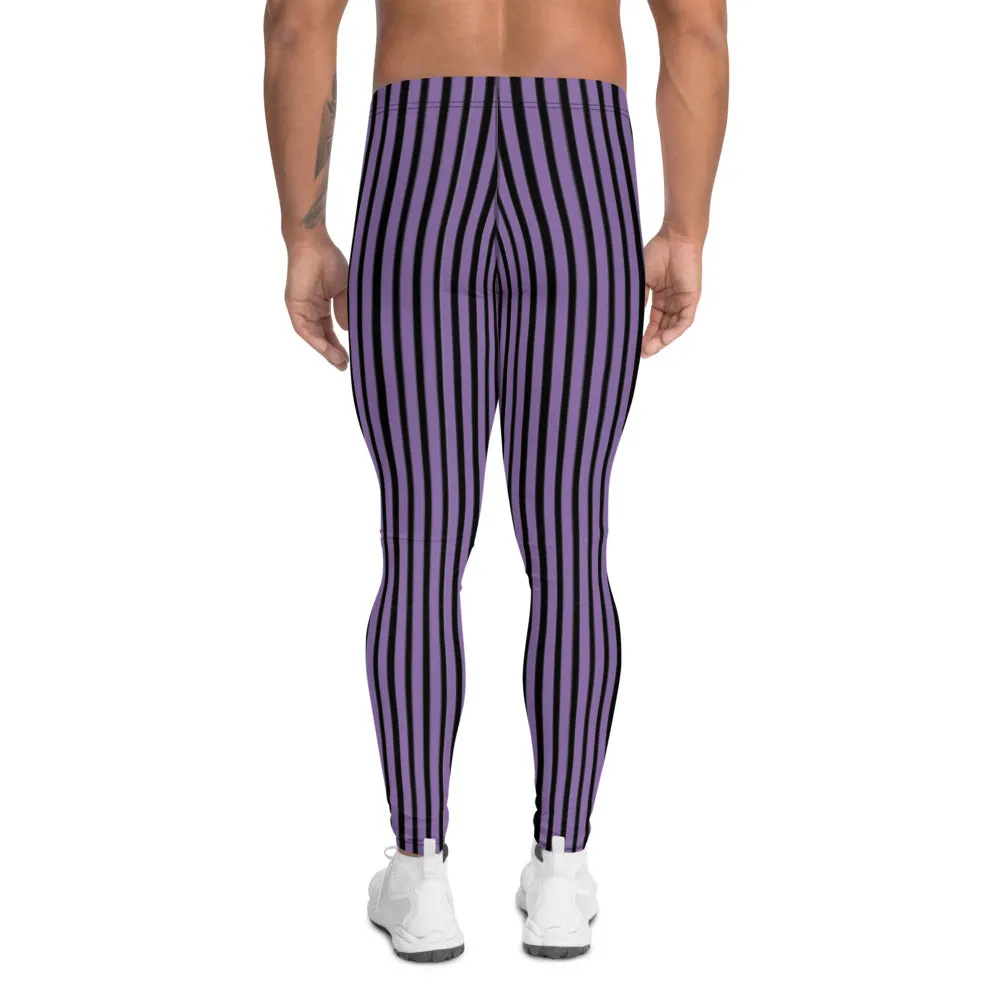 Purple Striped Men's Leggings, Vertically Stripes Circus Meggings Running Tights-Made in USA/EU