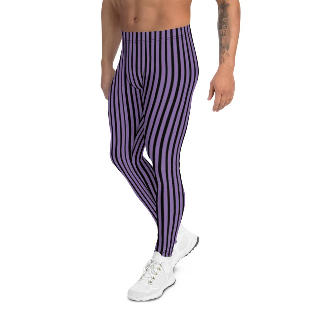 Purple Striped Men's Leggings, Vertically Stripes Circus Meggings Running Tights-Made in USA/EU