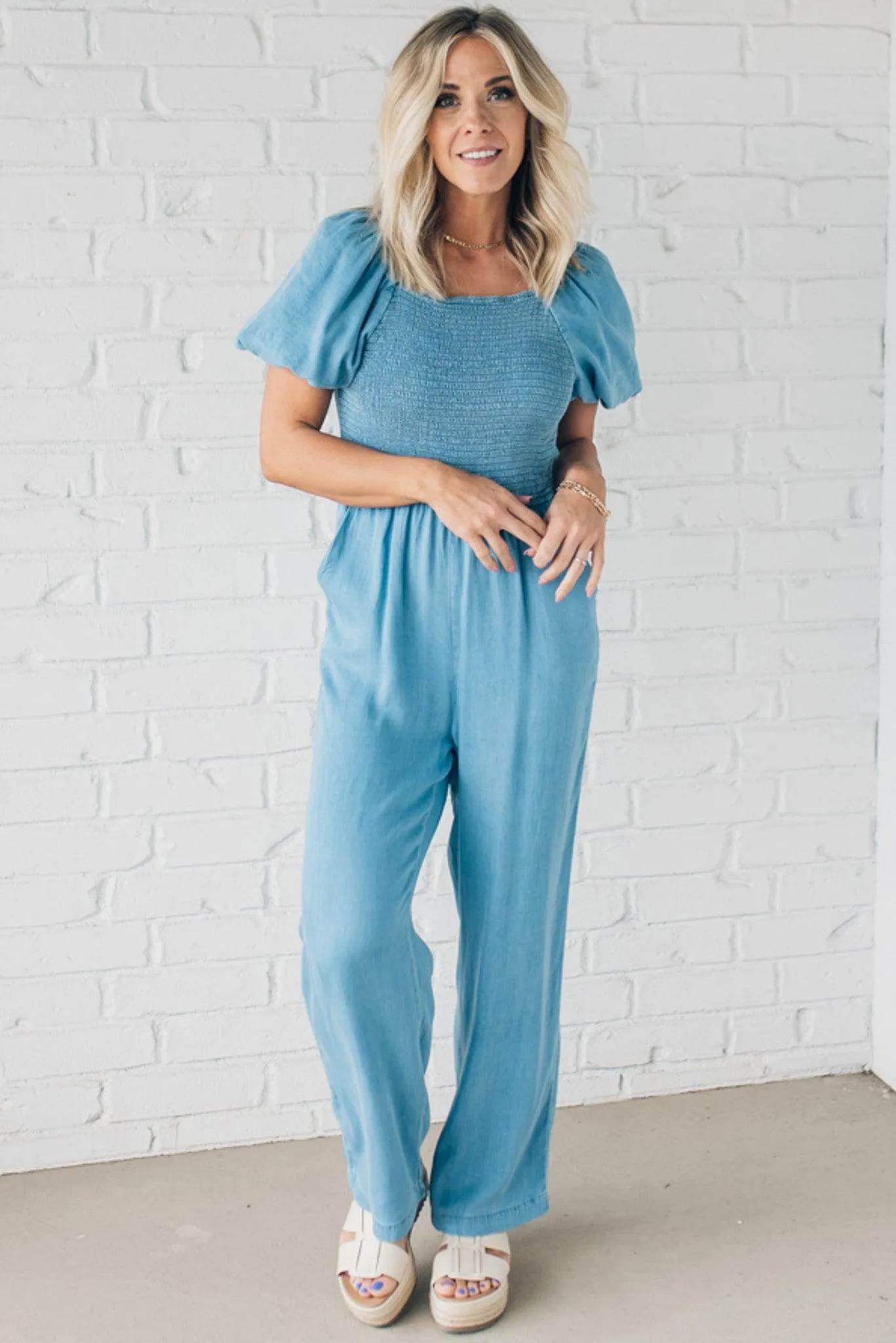 Quaint Smocked Chambray Jumpsuit