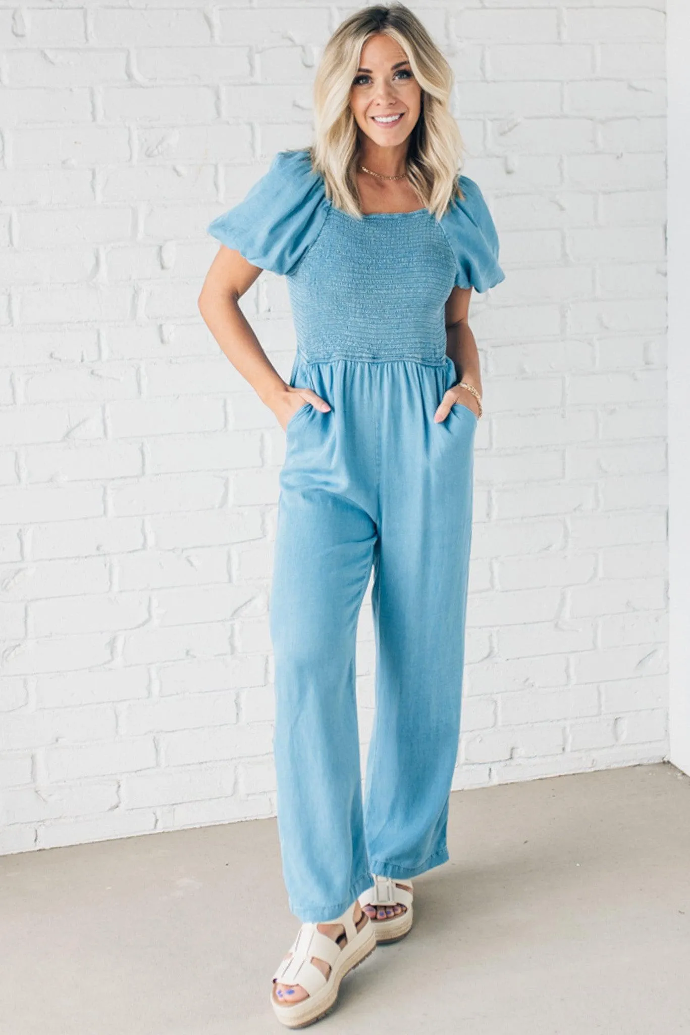 Quaint Smocked Chambray Jumpsuit