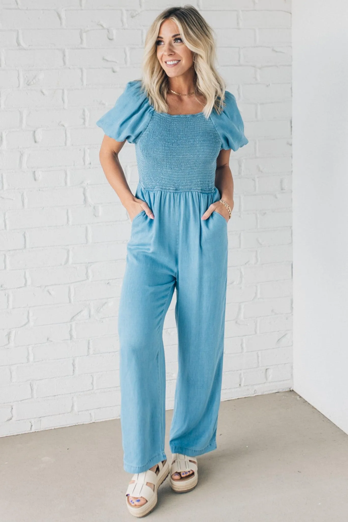 Quaint Smocked Chambray Jumpsuit