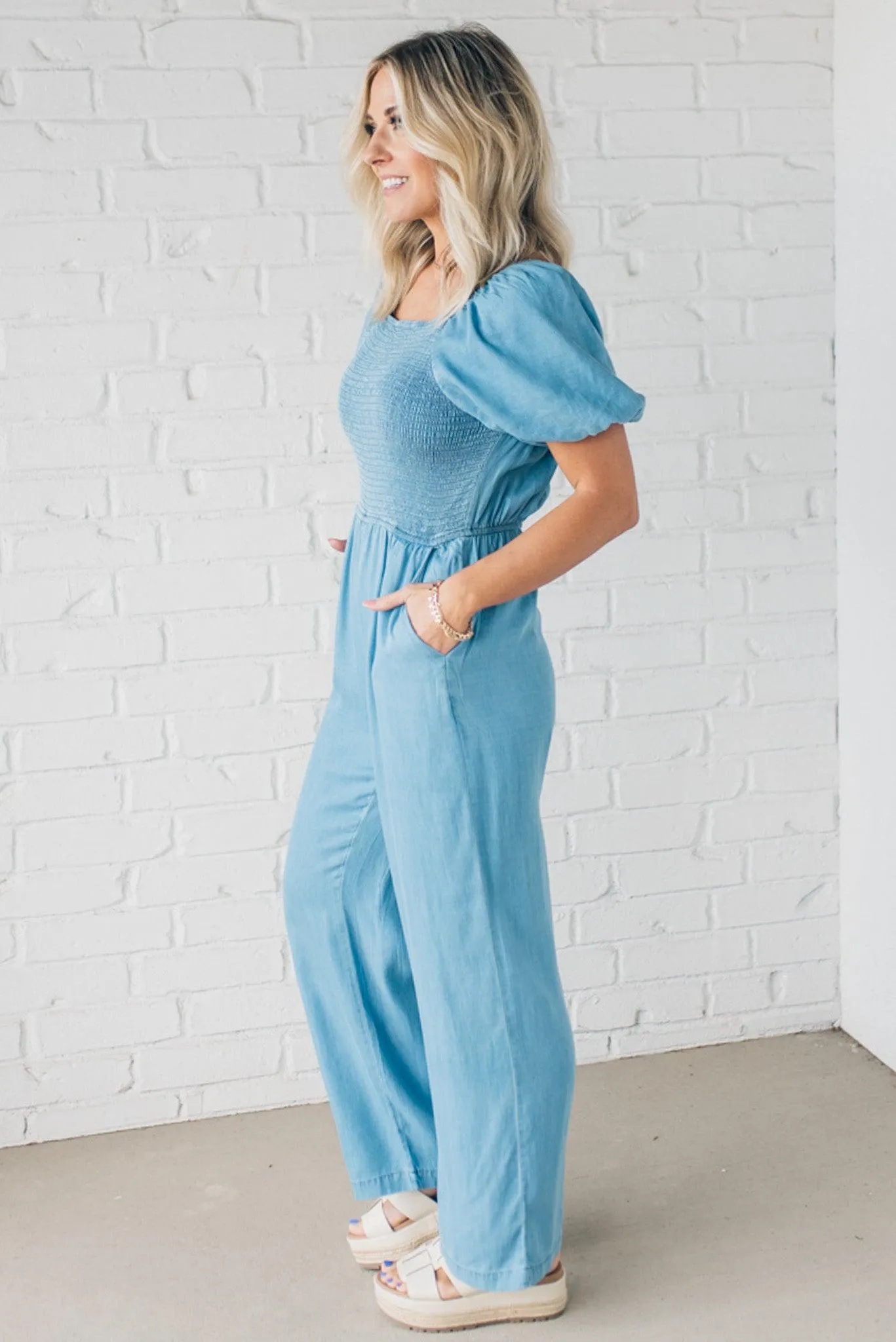 Quaint Smocked Chambray Jumpsuit