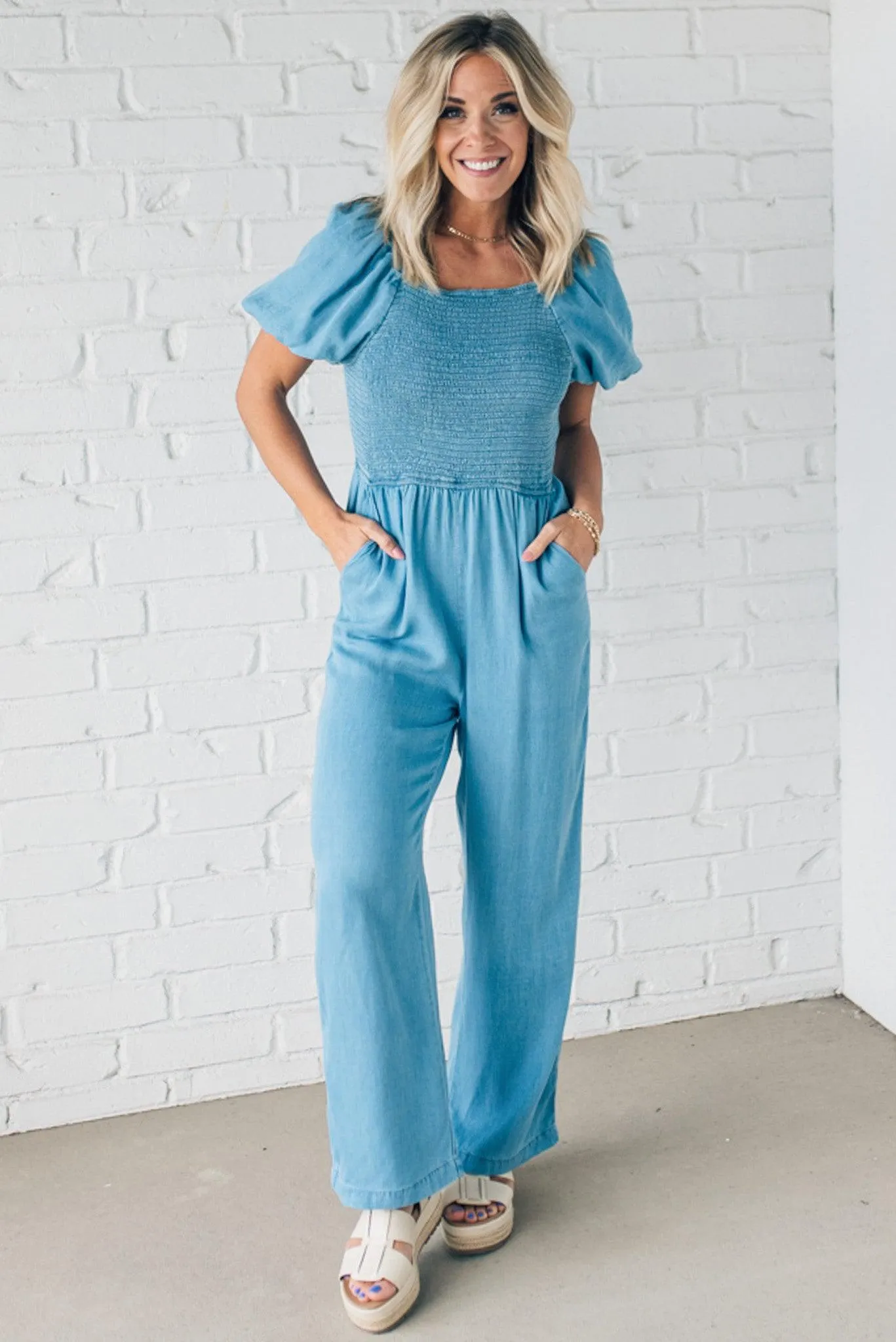 Quaint Smocked Chambray Jumpsuit