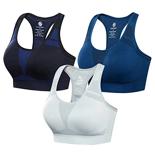 QUANTUMAX Sports Bra for Women Pack 3 - Supportive Racerback Seamless High Elastic Outdoor Workout Running Bras Yoga Daily Exercise