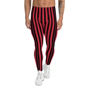 Red Black Striped Print Men's Leggings, Modern Best Festive Stripe Circus Meggings-Made in USA/EU/MX