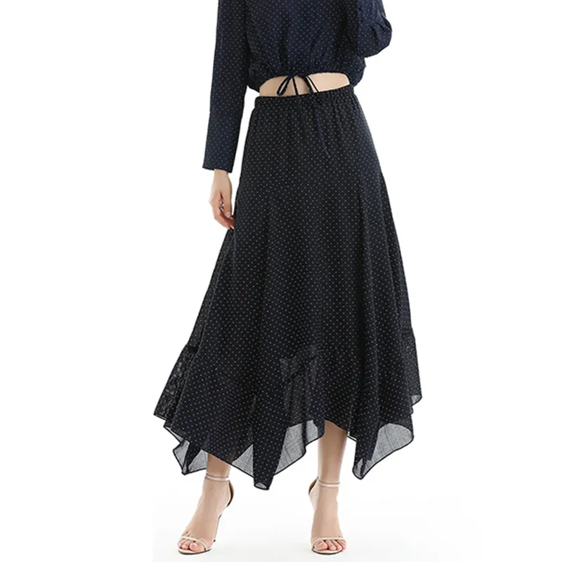 S068-1 Women polka dot print asymmetric panelled long flare handkerchief skirt