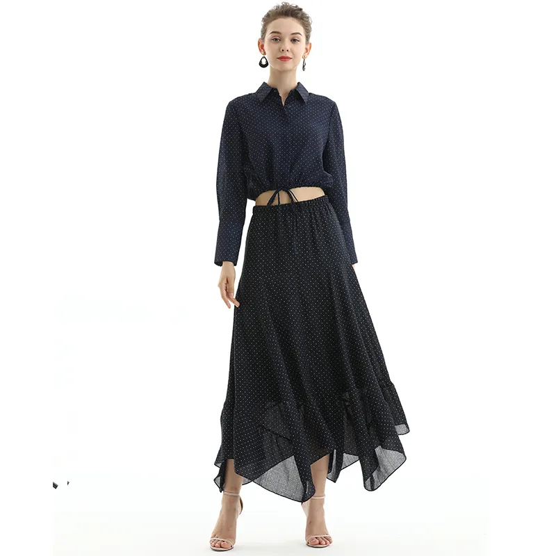 S068-1 Women polka dot print asymmetric panelled long flare handkerchief skirt