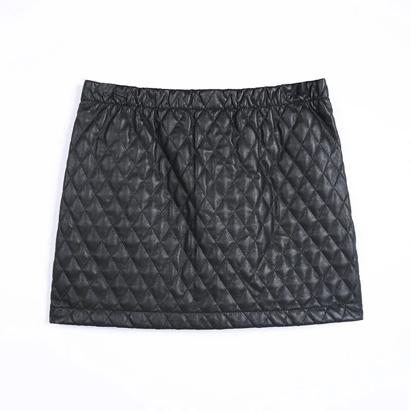 S253 Women faux leather diamond quilted mini skirt