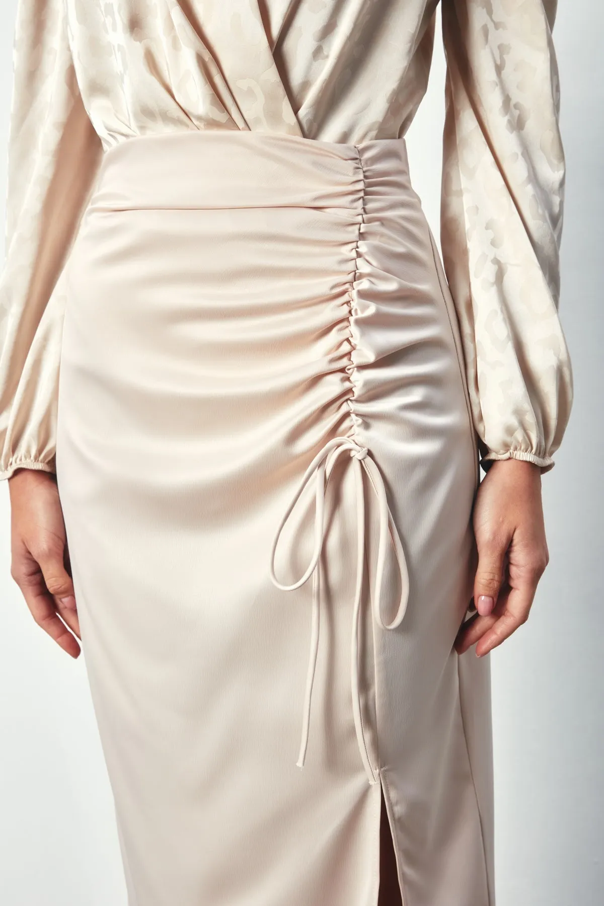 Satin Skirt with Gathered Detail - BEIGE