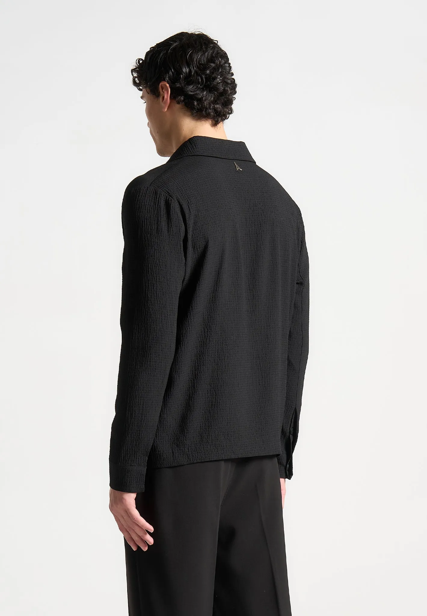 Seersucker Double Breasted Overshirt - Black