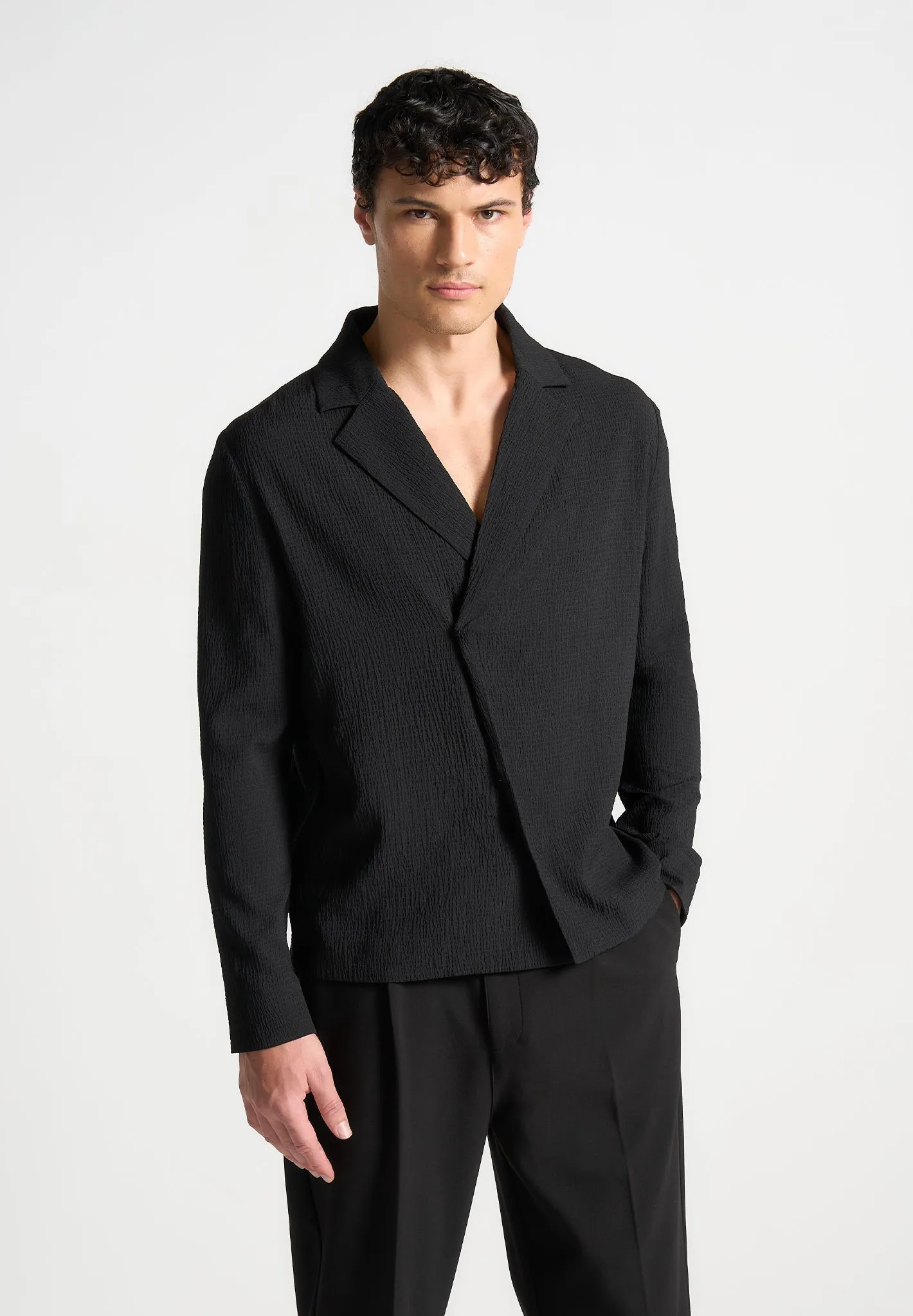 Seersucker Double Breasted Overshirt - Black