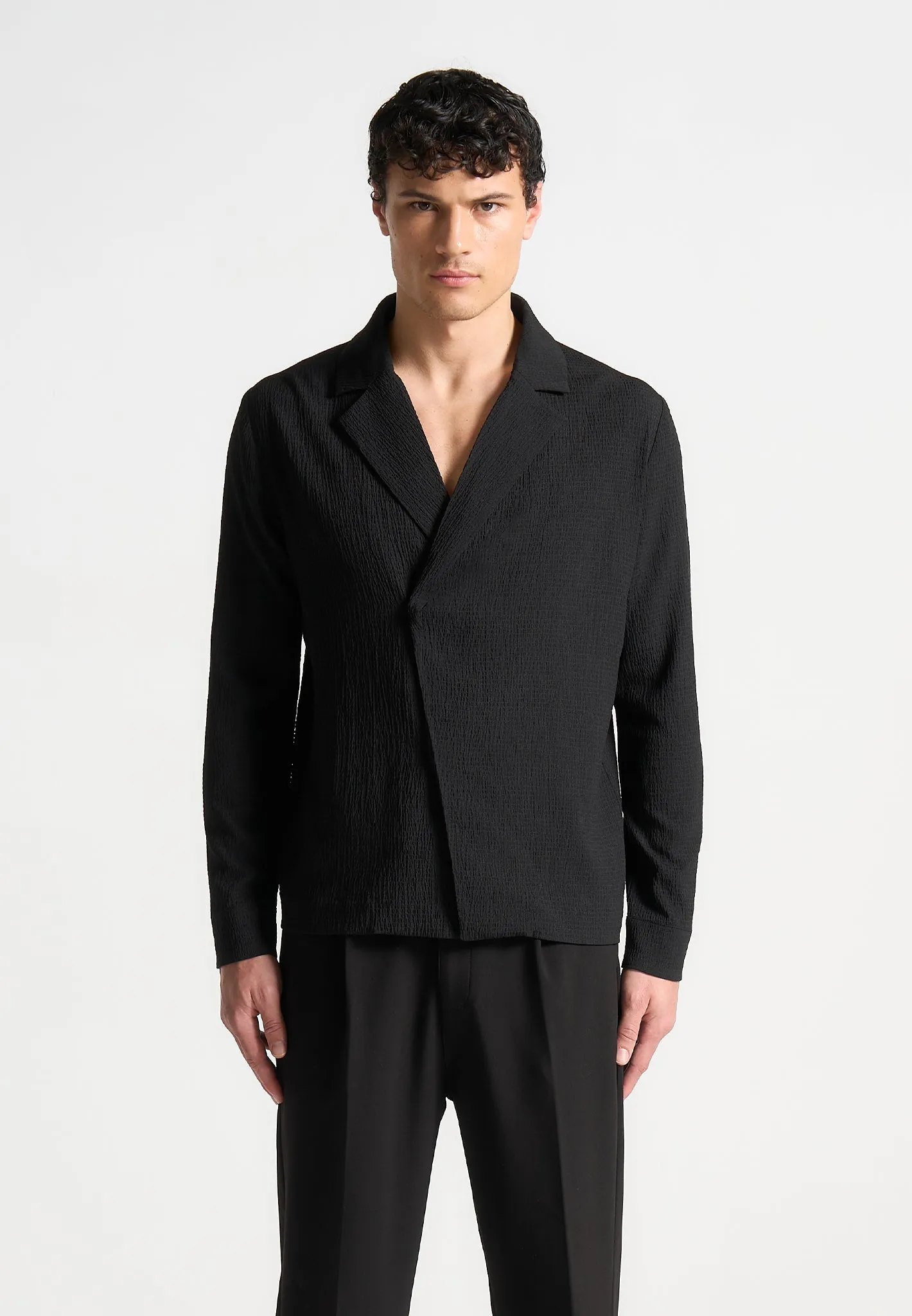 Seersucker Double Breasted Overshirt - Black