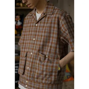 Seersucker Plaid Open Collar Shirt - Short Sleeve Casual Check Top