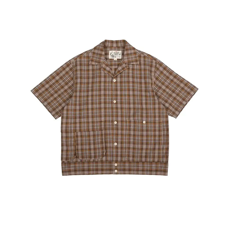 Seersucker Plaid Open Collar Shirt - Short Sleeve Casual Check Top