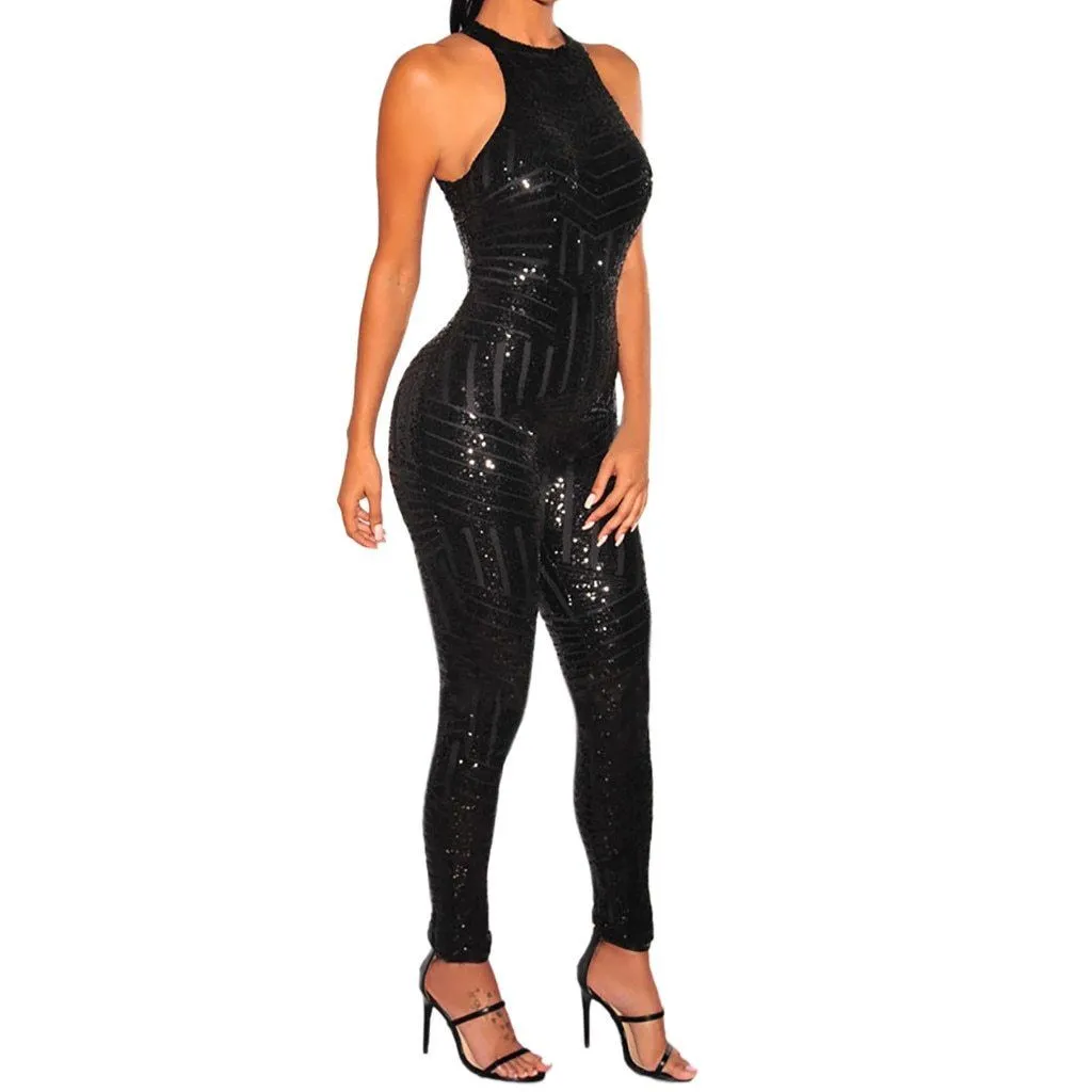 Sequin O-Neck Sequin Sleeveless Jumpsuit