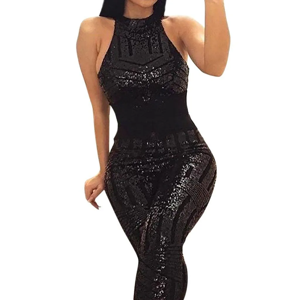 Sequin O-Neck Sequin Sleeveless Jumpsuit