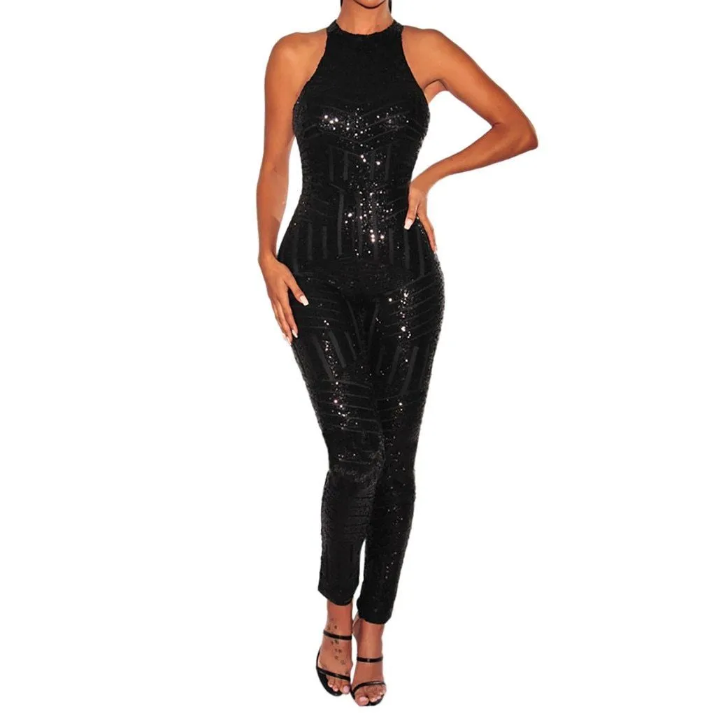 Sequin O-Neck Sequin Sleeveless Jumpsuit