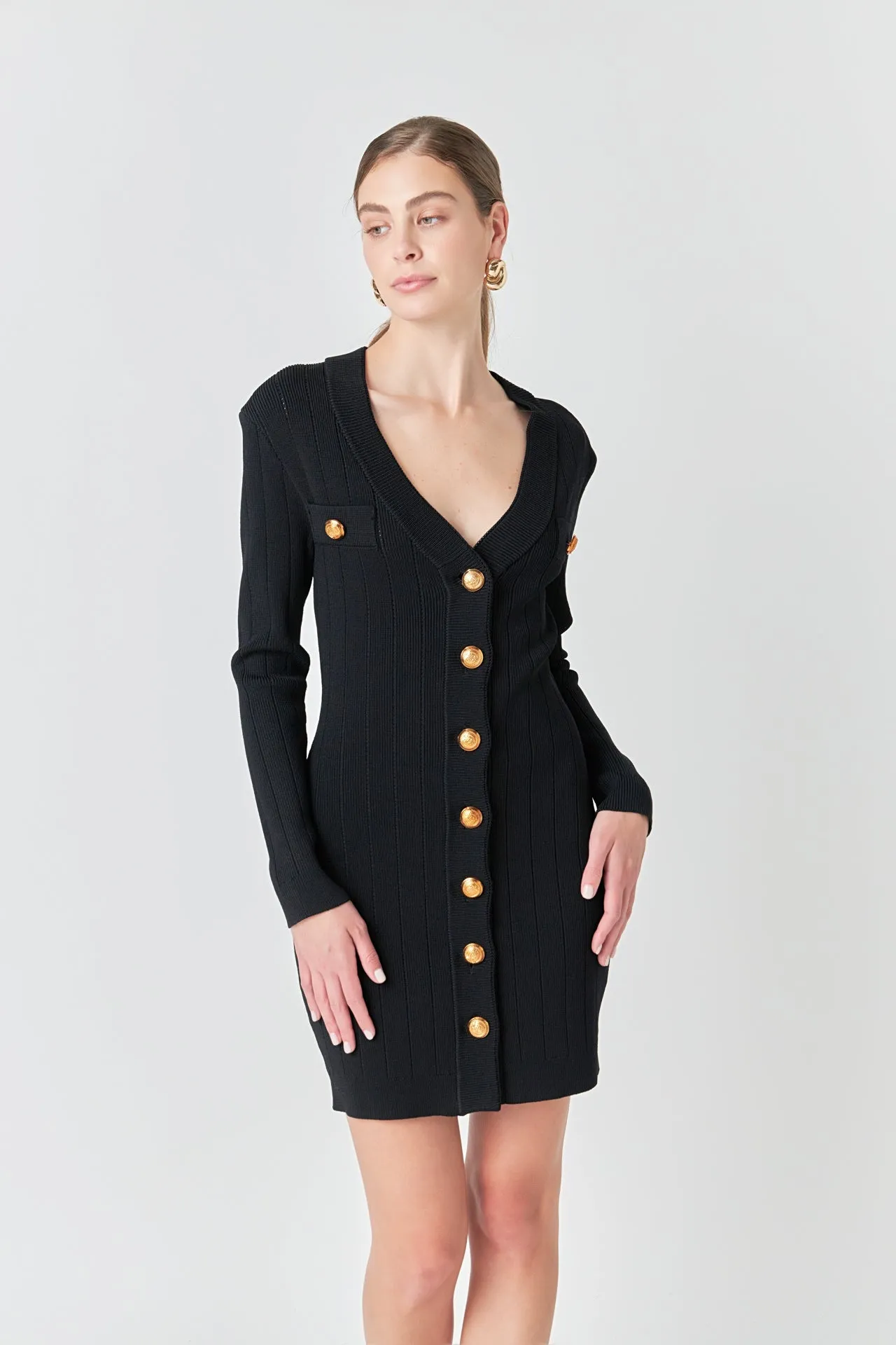 Shank Button V-Neckline Knit Mini Dress