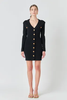 Shank Button V-Neckline Knit Mini Dress