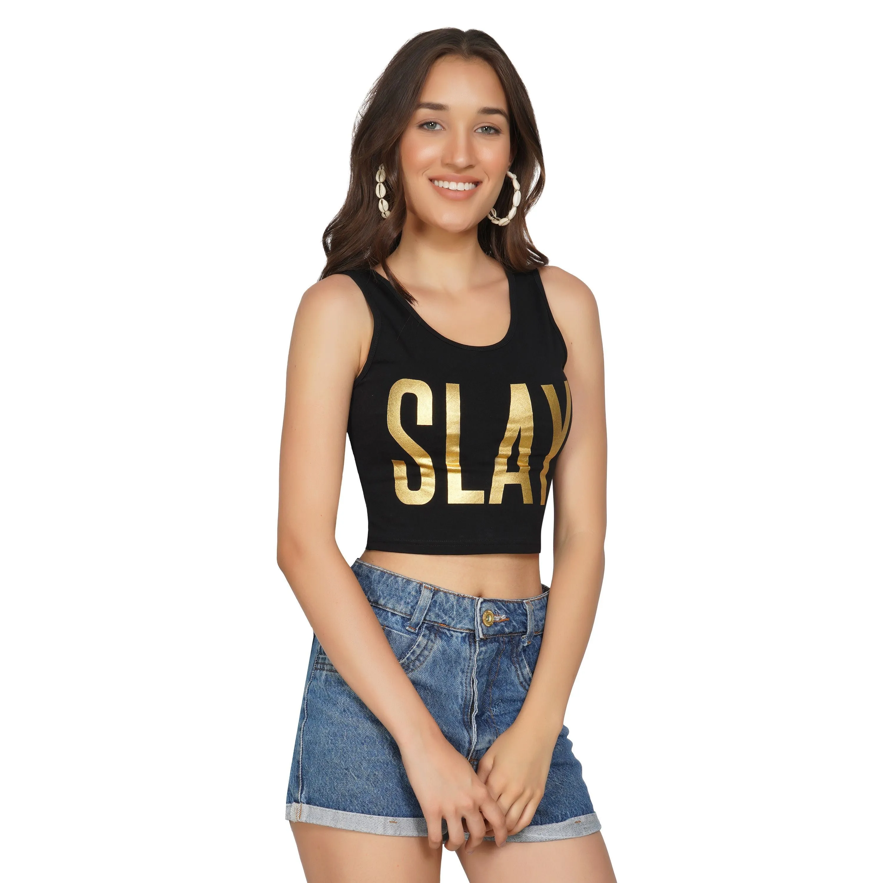 SLAY. Women's Crop Top Limited Edition Gold Foil Reflective Print