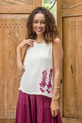 Sleeveless Cotton Blouse with Floral Motif - Mulberry Trellis | NOVICA