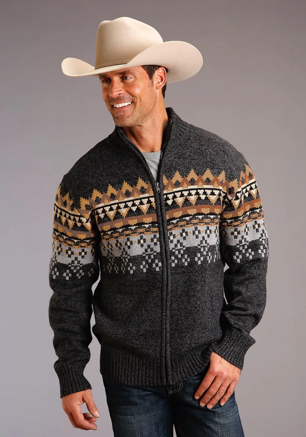 Stetson Mens Grey Multi Cotton/Wool Aztec Pattern Cardigan