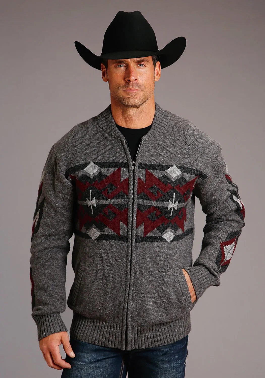 Stetson Mens Grey/Red Cotton/Wool Aztec Pattern Cardigan