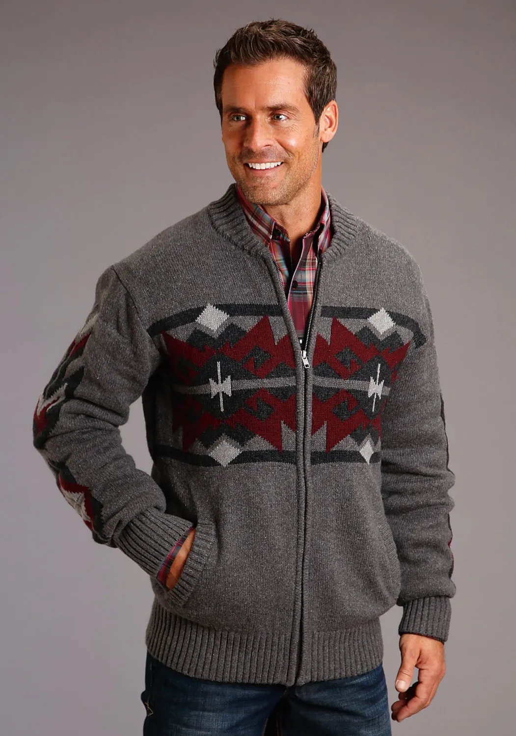 Stetson Mens Grey/Red Cotton/Wool Aztec Pattern Cardigan