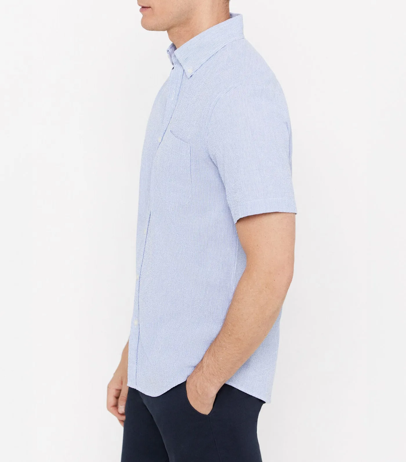 Striped Seersucker Short-Sleeved Shirt Light Blue