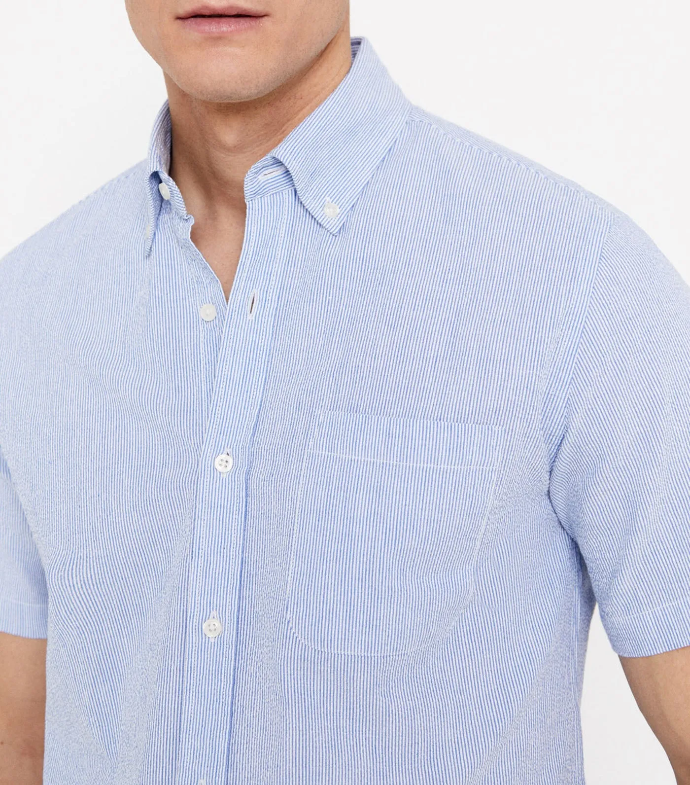 Striped Seersucker Short-Sleeved Shirt Light Blue