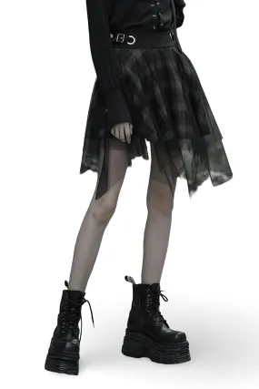 Stylish Dark Punk Grunge Plaid Mesh Asymmetric Skirt