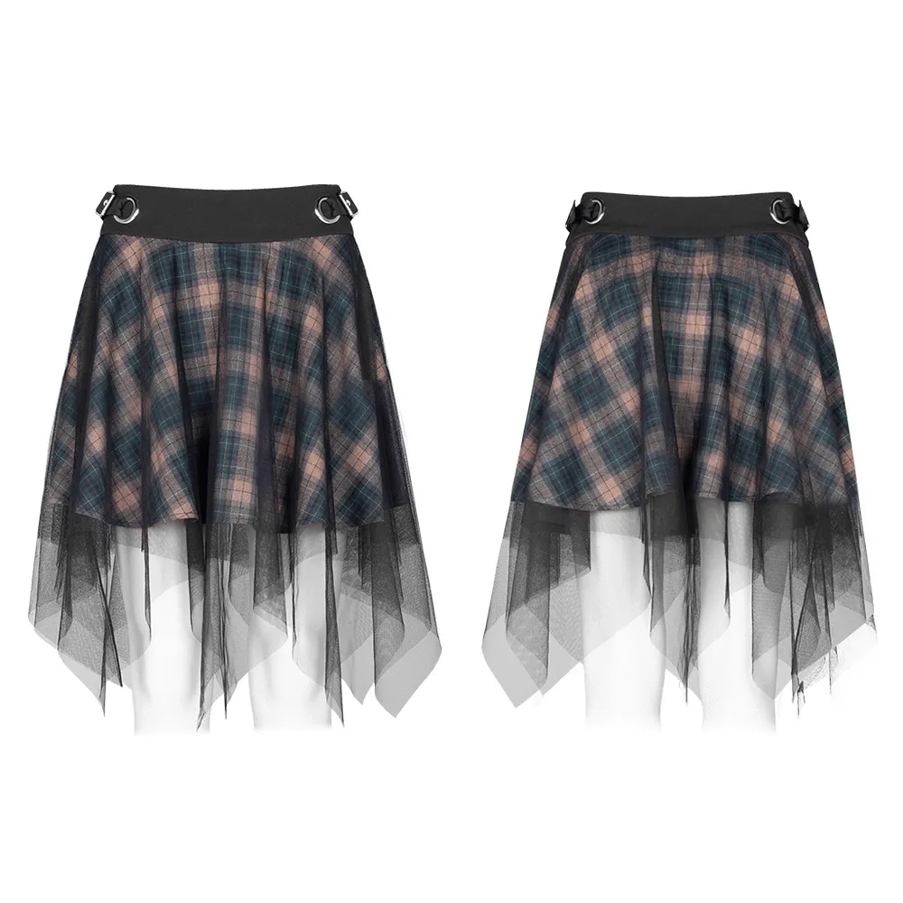 Stylish Dark Punk Grunge Plaid Mesh Asymmetric Skirt