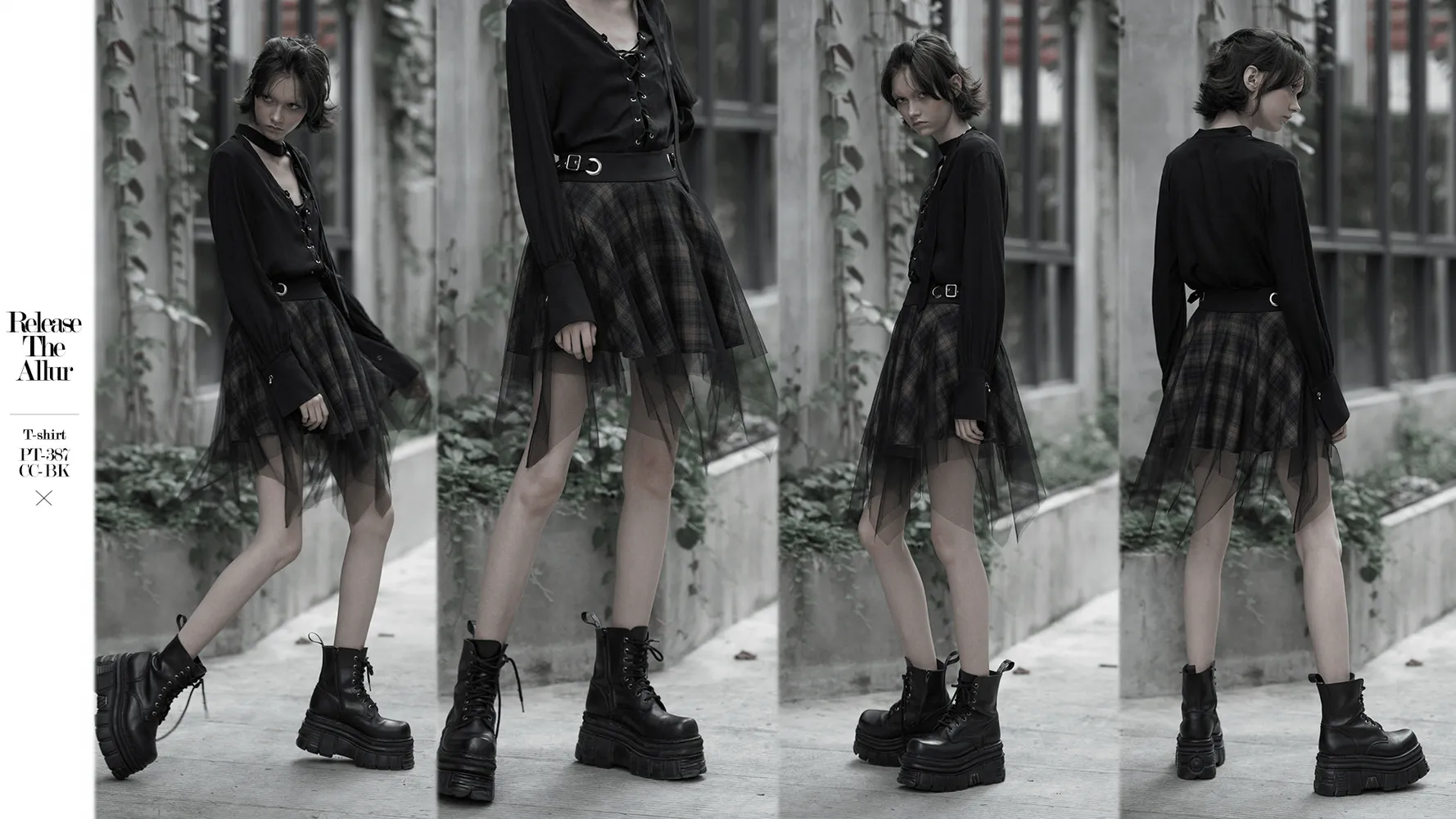 Stylish Dark Punk Grunge Plaid Mesh Asymmetric Skirt