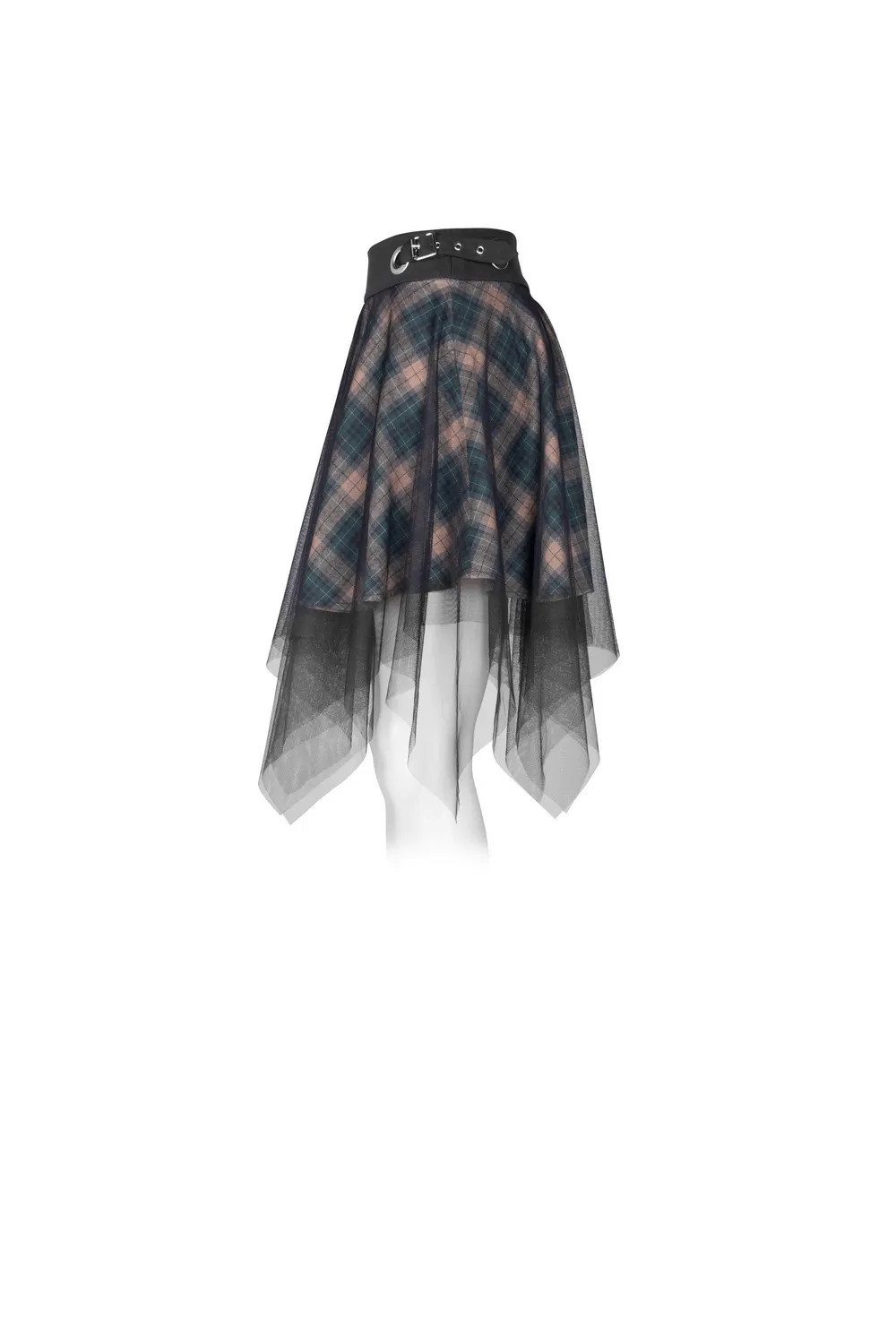 Stylish Dark Punk Grunge Plaid Mesh Asymmetric Skirt