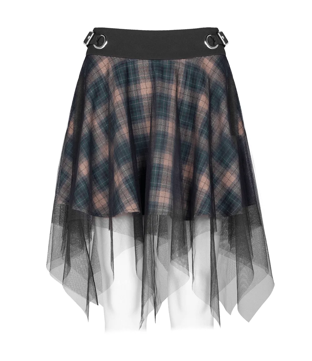 Stylish Dark Punk Grunge Plaid Mesh Asymmetric Skirt