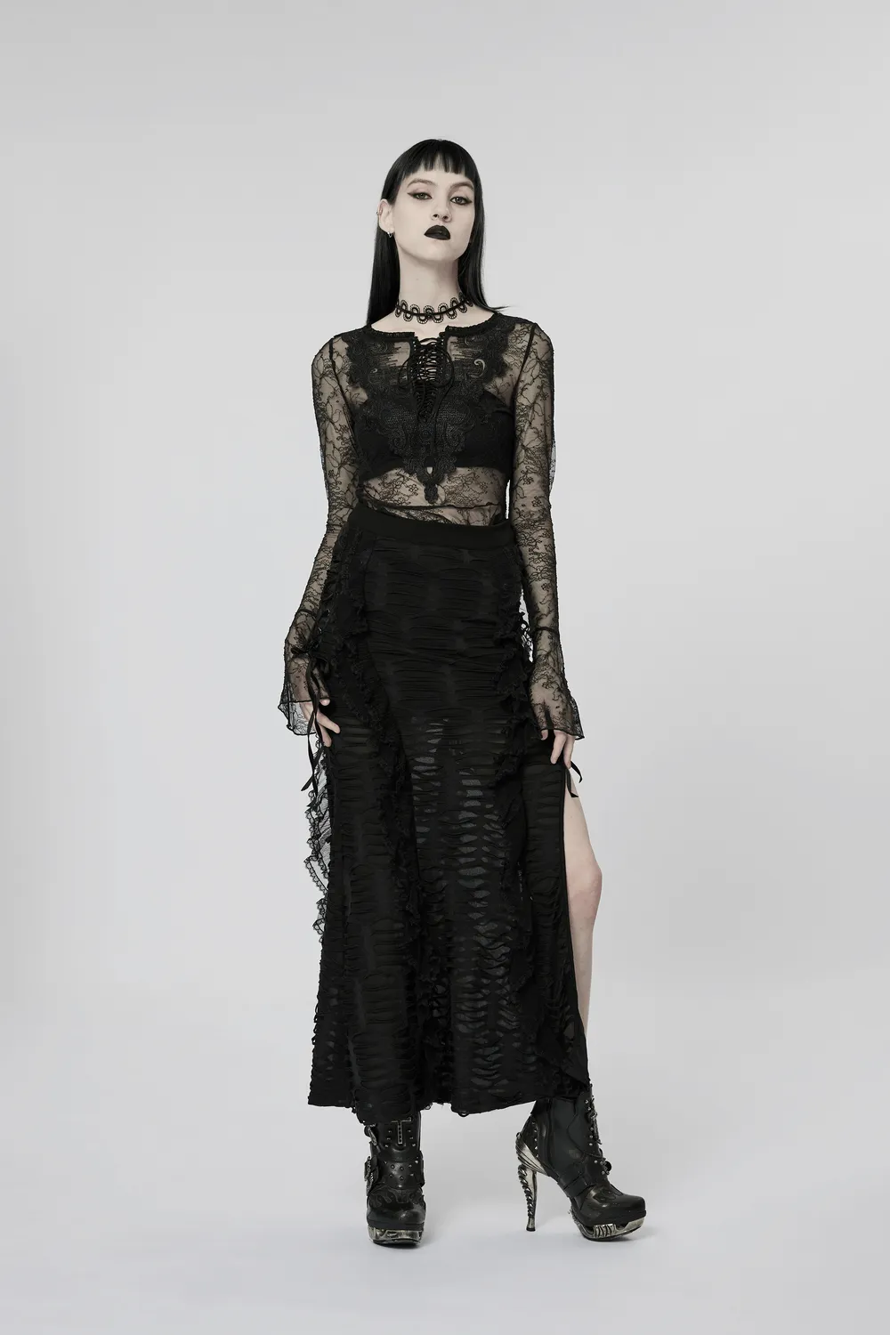 Stylish Layered Gothic Ruffle Skirt with High Slit