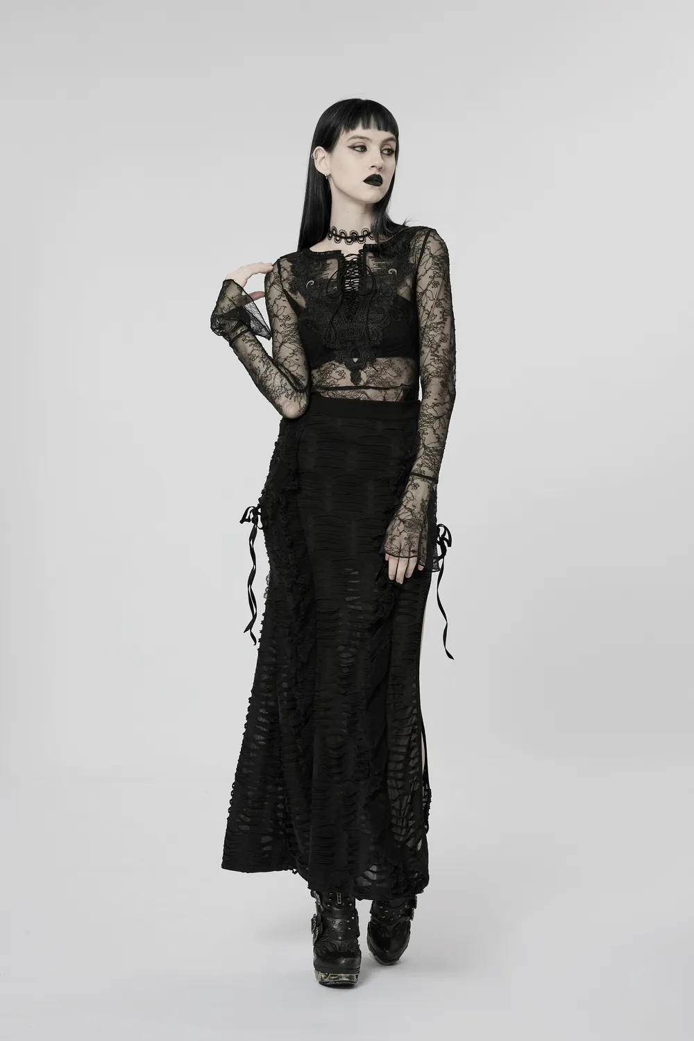 Stylish Layered Gothic Ruffle Skirt with High Slit