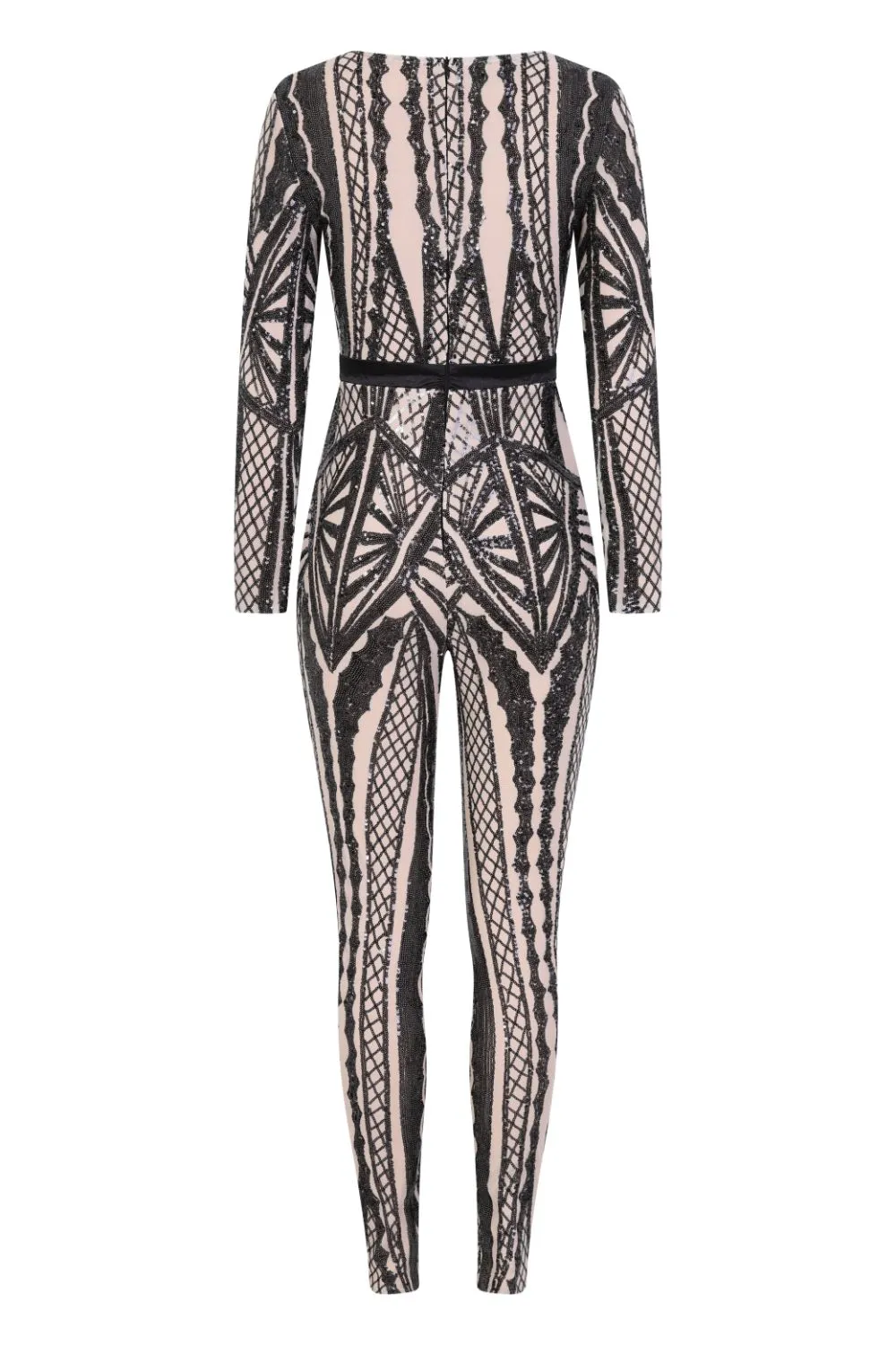 Tease Me Vip Black Nude Plunge Illusion Sequin Embellished Jumpsuit