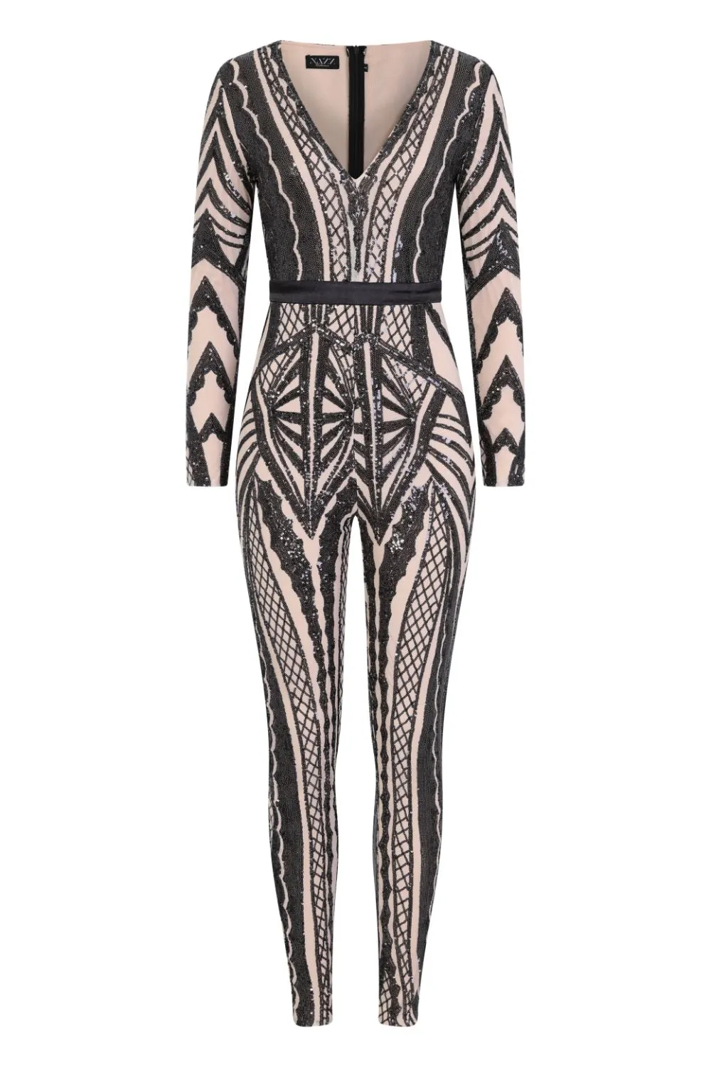 Tease Me Vip Black Nude Plunge Illusion Sequin Embellished Jumpsuit