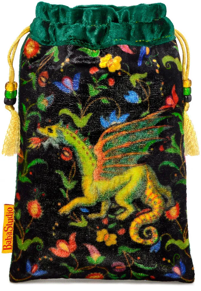 The Dragon bag. Printed on silk velvet. Forest green velvet version.