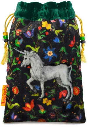 The Unicorn bag. Printed on silk velvet. Forest green velvet version.