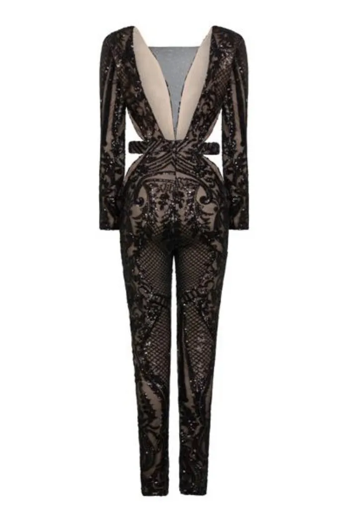 Toxic Black Luxe Plunge Illusion Sequin Mesh Embellished Jumpsuit