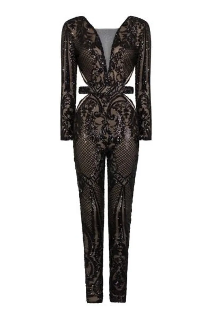 Toxic Black Luxe Plunge Illusion Sequin Mesh Embellished Jumpsuit