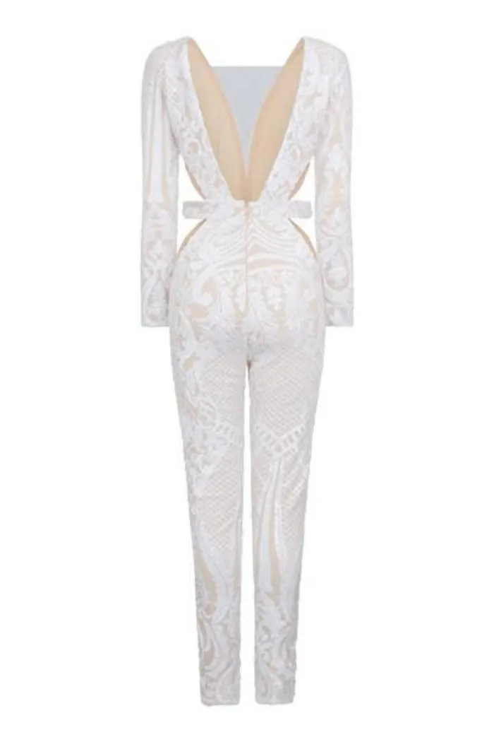 Toxic White Luxe Plunge Illusion Sequin Mesh Embellished Jumpsuit