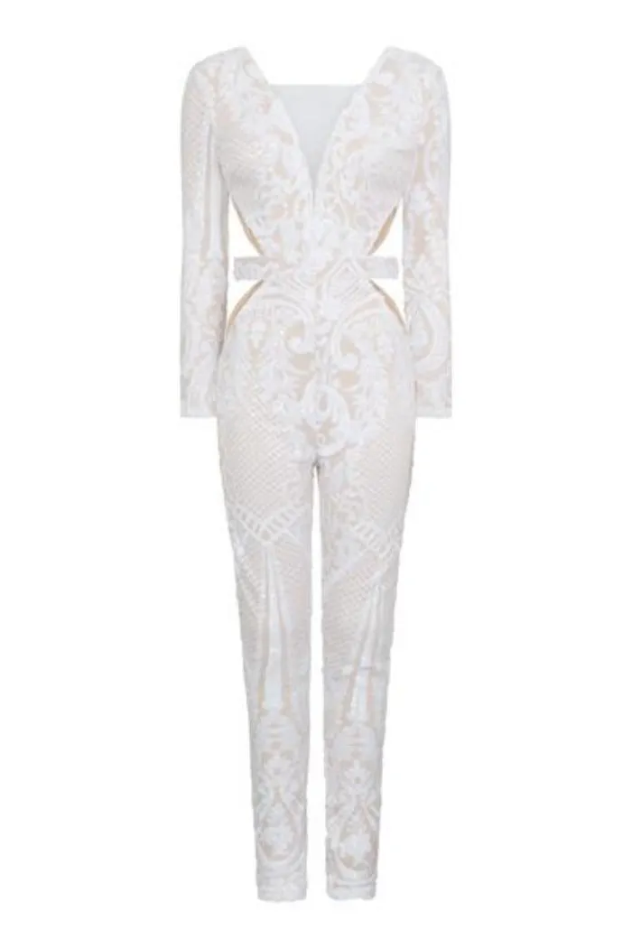 Toxic White Luxe Plunge Illusion Sequin Mesh Embellished Jumpsuit