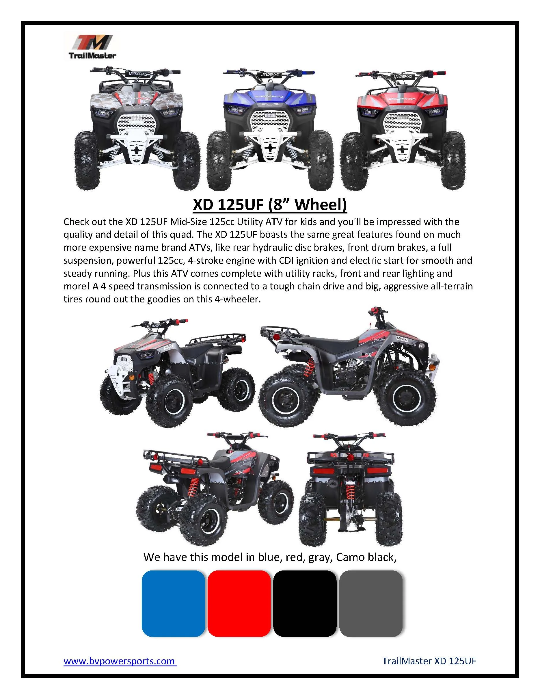 Trailmaster ATV XD 125UF, Utility style Mid Size Youth ATV, with electric start, Automatic with Revese