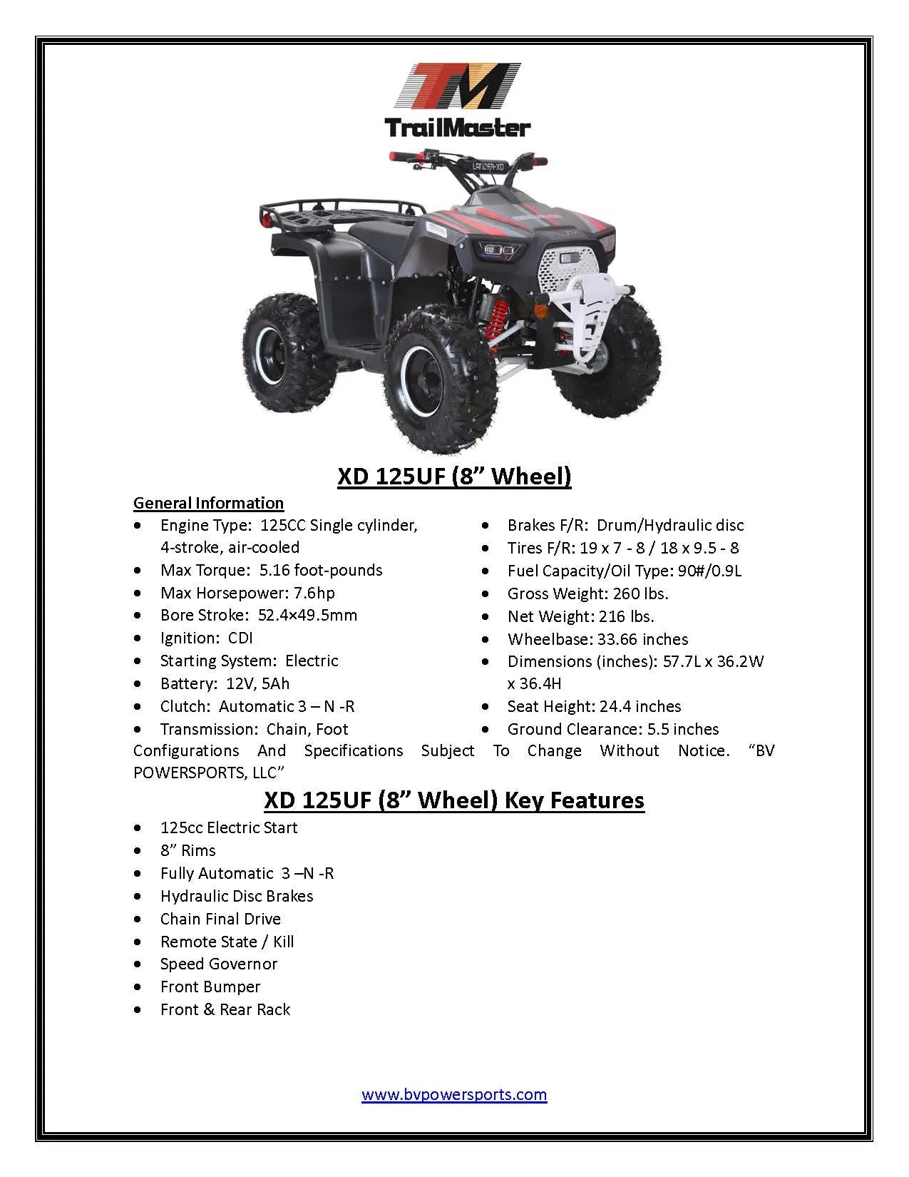 Trailmaster ATV XD 125UF, Utility style Mid Size Youth ATV, with electric start, Automatic with Revese