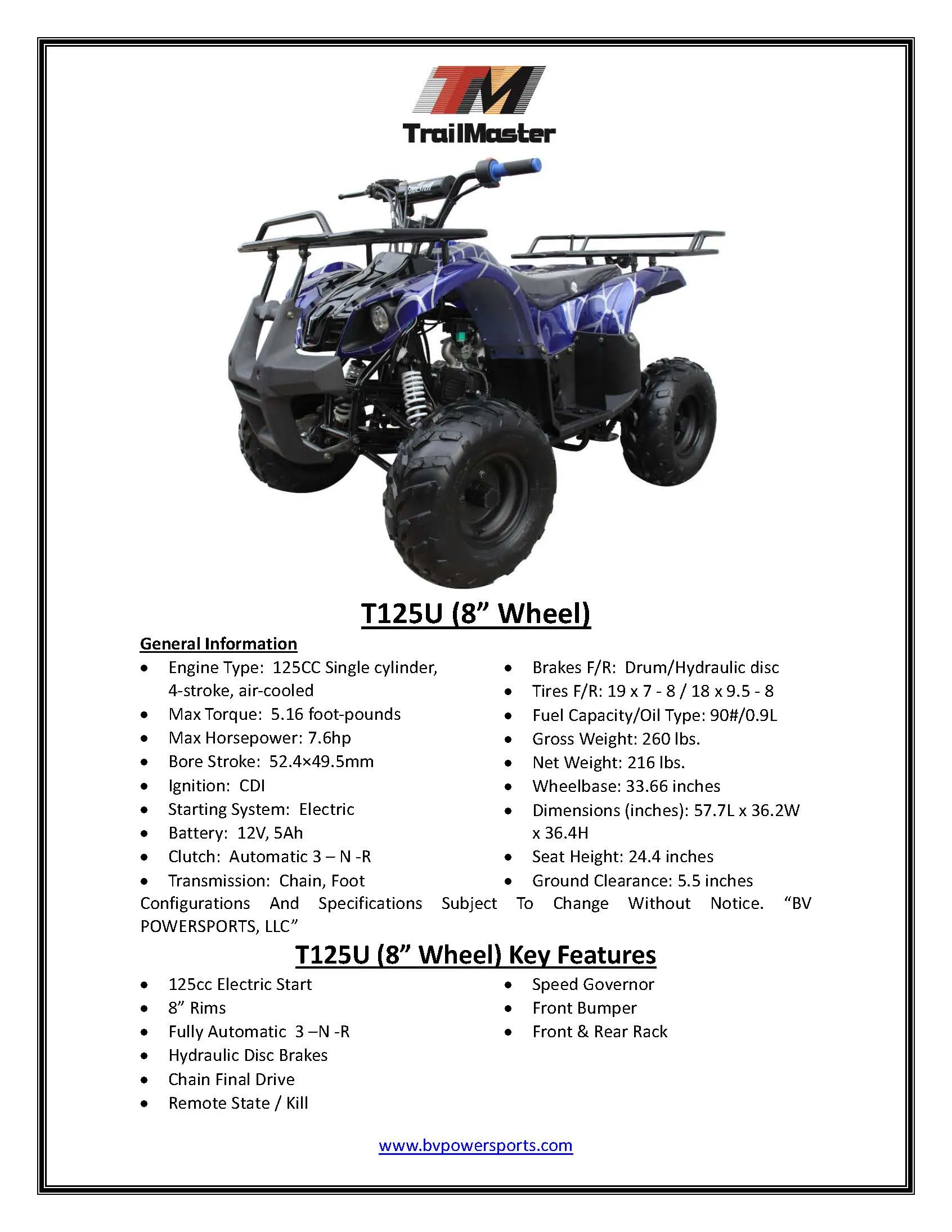 TrailMaster T125U Rancher ATV, 125cc, Automatic Transmission with Reverse, 19-Inch Tires, 8-Inch Rims